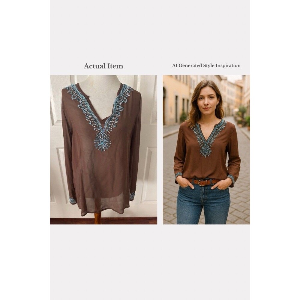 Pow Wow Top‎ Sz 12 Brown 100% Silk Chiffon Beaded Tunic Boho Festival